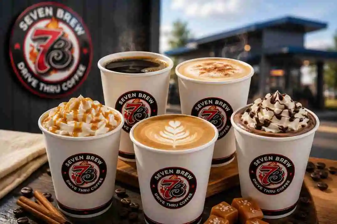 7 Brew hot coffee menu with lattes and breves