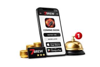 7 Brew app coming soon concept showing a smartphone, notification alert, rewards card, and loyalty updates for future app launch announcements.