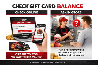 7 Brew gift card balance checker showing online balance lookup on a smartphone and laptop with an option to verify the remaining balance in-store.