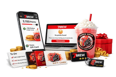 7 Brew gift cards with rewards account, branded drink, and loyalty card showing how gift cards work, never expire, and connect to the 7 Brew Rewards program.