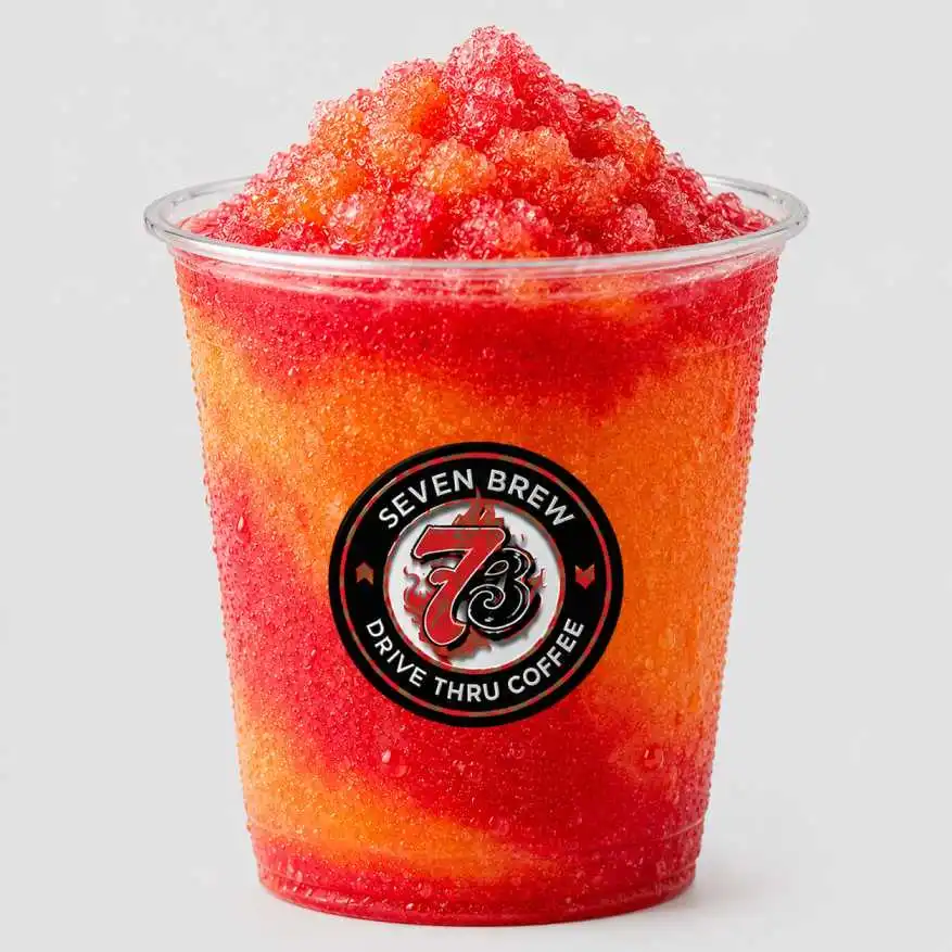 Firecracker 7 Energy Frozen Chiller - orange, pomegranate and raspberry 7 Brew energy drink, July 2026 featured menu