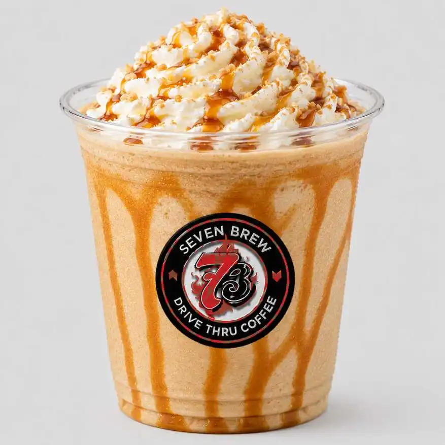 Funnel Cake Frozen Chiller - coffee, white chocolate, vanilla and salted caramel with caramel drizzle, 7 Brew July 2026 featured menu