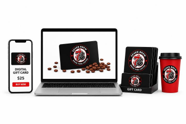 7 Brew gift cards available for purchase online and in-store, featuring digital and physical gift cards, mobile ordering, and branded coffee products.